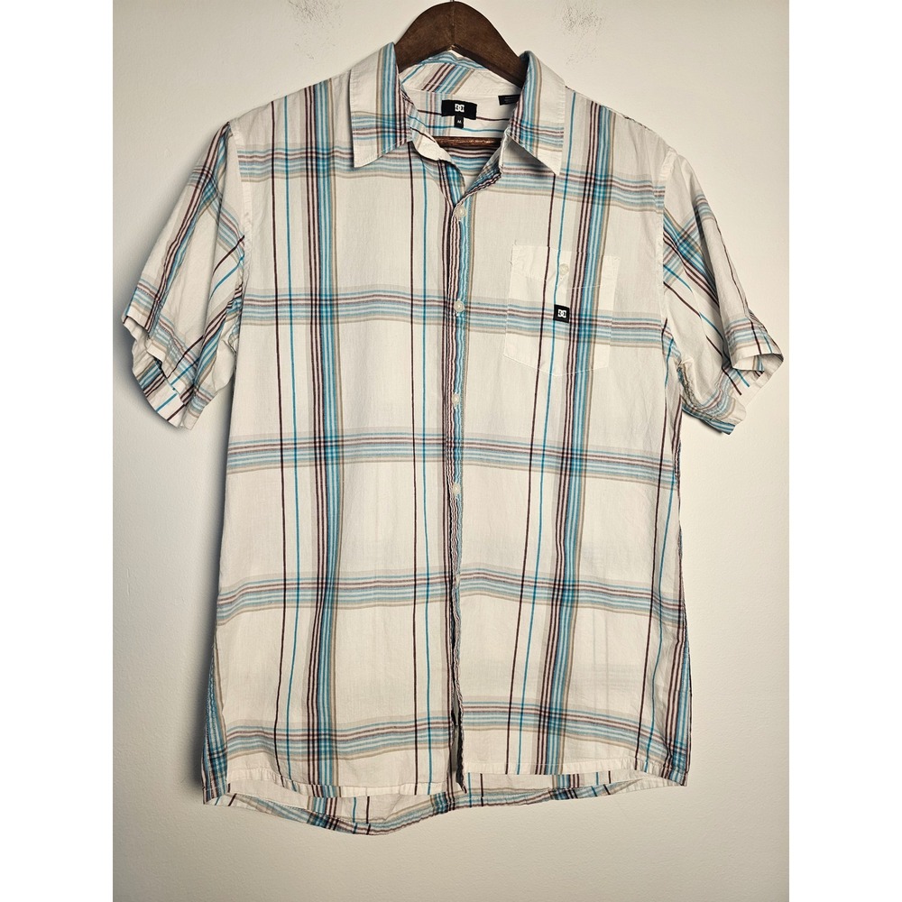[Skater Y2K] DC Shoes Button Down Shirt Mens‎ Medium White Plaid Short Sleeve